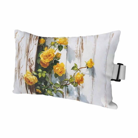 Outdoor Lumbar Pillow for Chaise Lounge Chair 1 Pack Spring Floral Headrest Pillow with Adjustable Strap Summer Rustic Yellow Roses Fences Wood Wall Cushion for Patio Recliner Office Sofa 11x16in