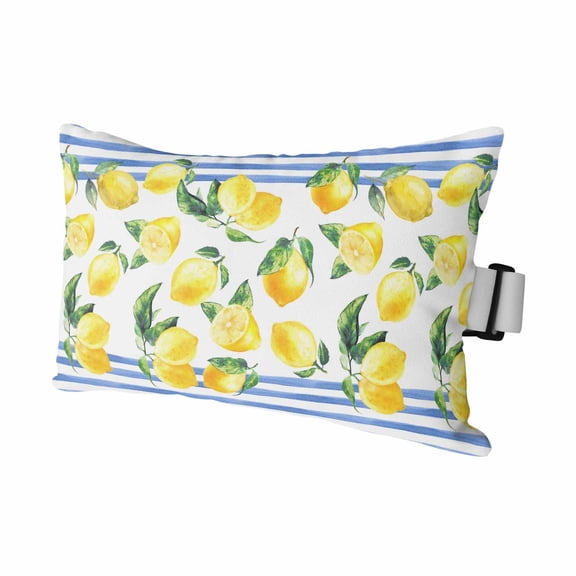 Outdoor Lumbar Pillow for Chaise Lounge Chair 1 Pack Summer Yellow Lemon Headrest Pillow with Adjustable Strap Watercolor Botanical Blue Stripes Cushion for Patio Recliner Office Sofa 11x16in