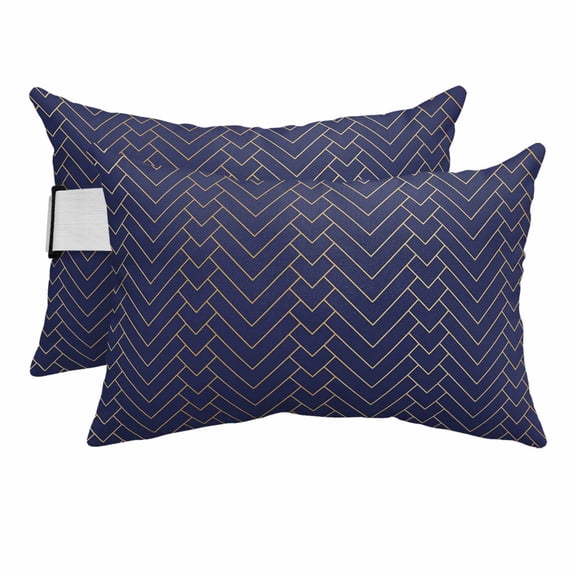 Outdoor Lumbar Pillow for Chaise Lounge Chair 2 Pack Abstract Geometric Headrest Pillow with Adjustable Strap Navy Blue Gold Minimalist Herringbone Pattern Cushion for Patio Recliner Sofa 11x16in