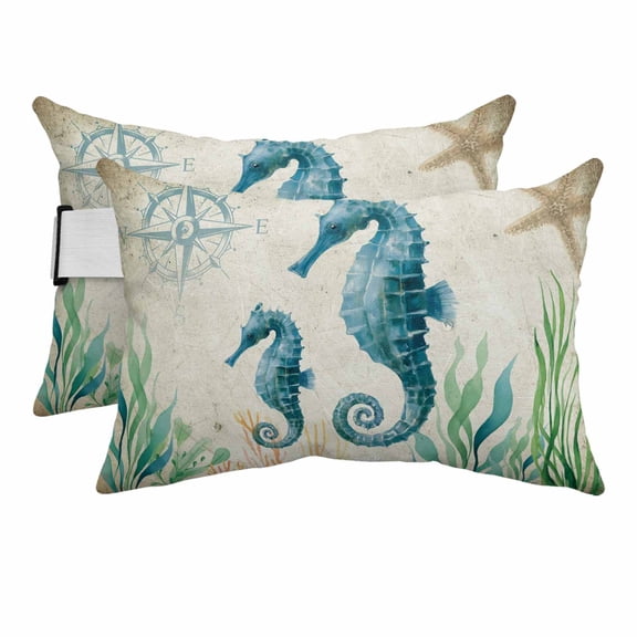 Outdoor Lumbar Pillow for Chaise Lounge Chair 2 Pack Beach Coastal Theme Decorative Headrest Pillow with Adjustable Strap Vintage Ocean Seahorse Cushion for Patio Recliner Office Sofa