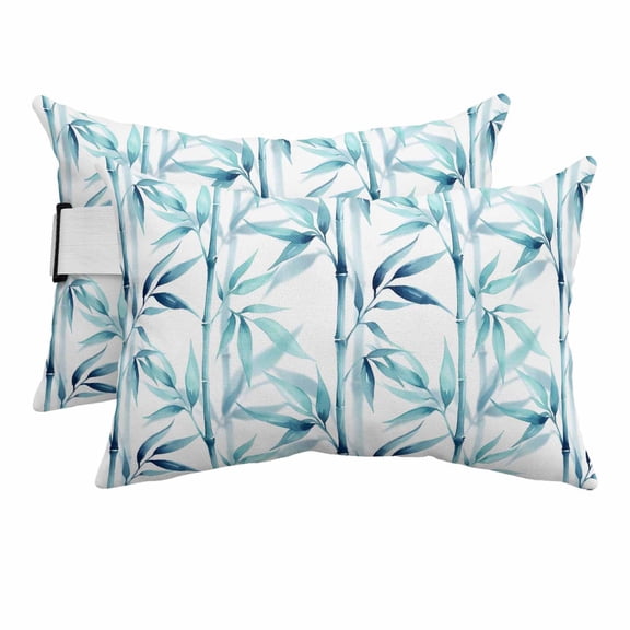 Outdoor Lumbar Pillow for Chaise Lounge Chair 2 Pack Blue White Bamboos Leaf Decorative Headrest Pillow with Adjustable Strap Modern Watercolor Plants Cushion for Patio Recliner Office Sofa