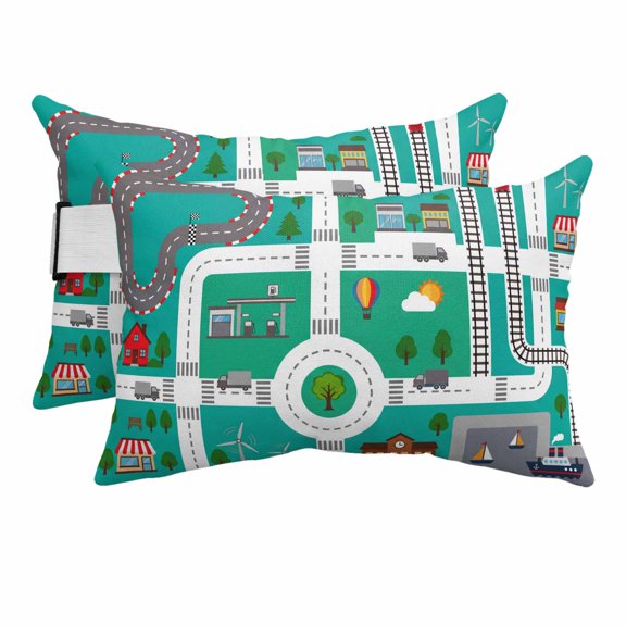Outdoor Lumbar Pillow for Chaise Lounge Chair 2 Pack Cartoon City Map Decorative Headrest Pillow with Adjustable Strap Road Toy Car House School Tree Sun Cushion for Patio Recliner Office Sofa