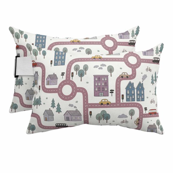Outdoor Lumbar Pillow for Chaise Lounge Chair 2 Pack Cartoon City Map Headrest Pillow with Adjustable Strap Country Pink Road Car Bus Bike House Tree Cushion for Patio Recliner Office Sofa 11x16in