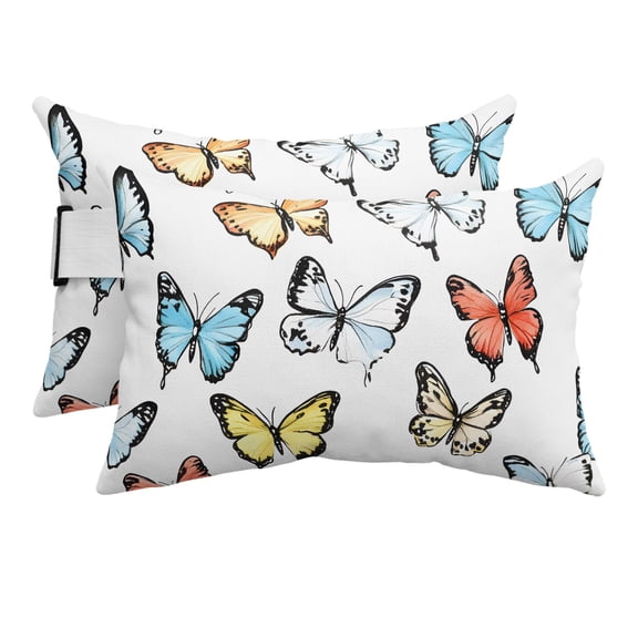 Outdoor Lumbar Pillow for Chaise Lounge Chair 2 Pack Colorful Butterfly Decorative Headrest Pillow with Adjustable Strap Modern Art Cushion for Patio Recliner Office Sofa 12x20in