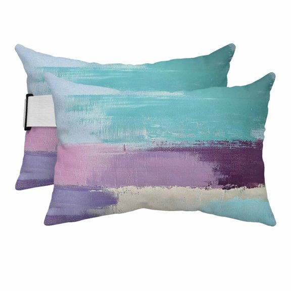 Outdoor Lumbar Pillow for Chaise Lounge Chair 2 Pack Cyan Purple Decorative Headrest Pillow with Adjustable Strap Abstract Art Cushion for Patio Recliner Office Sofa 12x20in