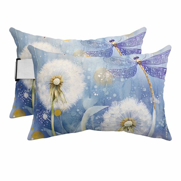 Outdoor Lumbar Pillow for Chaise Lounge Chair 2 Pack Dandelion Dragonfly Decorative Headrest Pillow with Adjustable Strap Spring Scenery Cushion for Patio Recliner Office Sofa 11x16in