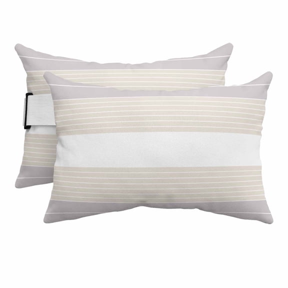 Outdoor Lumbar Pillow for Chaise Lounge Chair 2 Pack Gray Beige Decorative Headrest Pillow with Adjustable Strap Simple Stripes Theme Cushion for Patio Recliner Office Sofa 12x20in