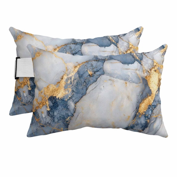 Outdoor Lumbar Pillow for Chaise Lounge Chair 2 Pack Grey Golden Marble Decorative Headrest Pillow with Adjustable Strap Abstract Art Cushion for Patio Recliner Office Sofa 12x20in