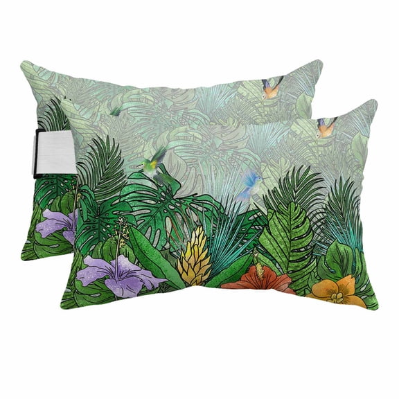 Outdoor Lumbar Pillow for Chaise Lounge Chair 2 Pack Monstera Floral Bird Decorative Headrest Pillow with Adjustable Strap Nature Green Palm Cushion for Patio Recliner Office Sofa 12x20in