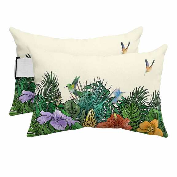 Outdoor Lumbar Pillow for Chaise Lounge Chair 2 Pack Monstera Palm Decorative Headrest Pillow with Adjustable Strap Floral Bird Spring Nature Cushion for Patio Recliner Office Sofa 12x20in