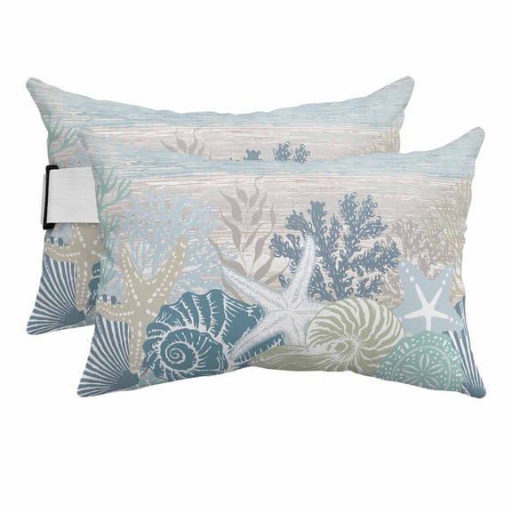 Outdoor Lumbar Pillow for Chaise Lounge Chair 2 Pack Ocean Coastal Headrest Pillow with Adjustable Strap Retro Farmhouse Summer Beach Shells Corals Cushion for Patio Recliner Office Sofa 12x20in