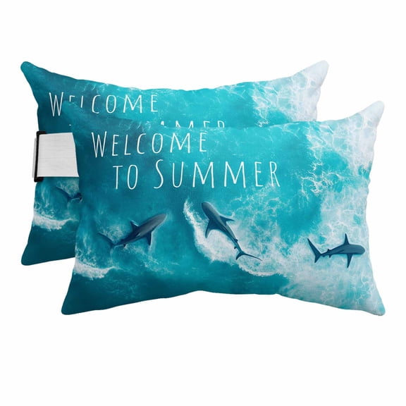 Outdoor Lumbar Pillow for Chaise Lounge Chair 2 Pack Ocean Shark Decorative Headrest Pillow with Adjustable Strap Summer Teal Cushion for Patio Recliner Office Sofa 12x20in