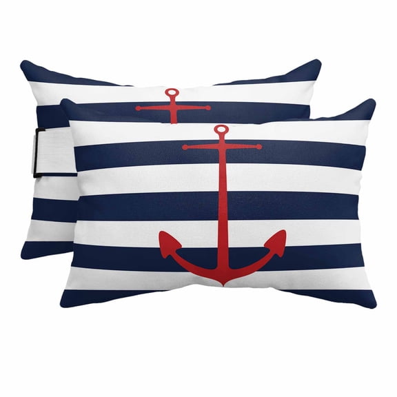 Outdoor Lumbar Pillow for Chaise Lounge Chair 2 Pack Red Nautical Anchor Chain Decorative Headrest Pillow with Adjustable Strap Blue and White Stripes Cushion for Patio Recliner Office Sofa 11x16in