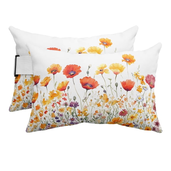 Outdoor Lumbar Pillow for Chaise Lounge Chair 2 Pack Red Yellow Floral Decorative Headrest Pillow with Adjustable Strap Spring Country Cushion for Patio Recliner Office Sofa 11x16in