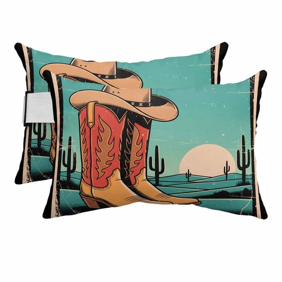 Outdoor Lumbar Pillow for Chaise Lounge Chair 2 Pack Retro Cowboy Decorative Headrest Pillow with Adjustable Strap Western Cartoon Cactus Blue Green Cushion for Patio Recliner Office Sofa