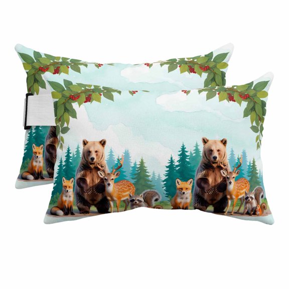 Outdoor Lumbar Pillow for Chaise Lounge Chair 2 Pack Rustic Animals Forest Decorative Headrest Pillow with Adjustable Strap Bear Fox Deer Raccoon Branch Blue Cushion for Patio Recliner Office Sofa