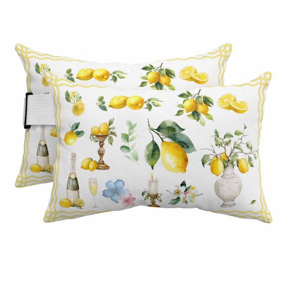 Outdoor Lumbar Pillow for Chaise Lounge Chair 2 Pack Rustic Country Lemons Headrest Pillow with Adjustable Strap Boho Botanical Vase Waves Stripes Cushion for Patio Recliner Office Sofa 11x16in