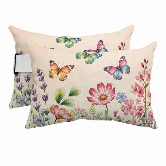 Outdoor Lumbar Pillow for Chaise Lounge Chair 2 Pack Spring Floral Butterflies Headrest Pillow with Adjustable Strap Pink Flowers Plants Gradient Orange Cushion for Patio Recliner Office Sofa 12x20in