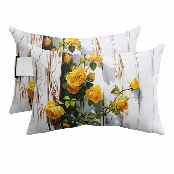 Outdoor Lumbar Pillow for Chaise Lounge Chair 2 Pack Spring Floral Headrest Pillow with Adjustable Strap Summer Rustic Yellow Roses Fences Wood Wall Cushion for Patio Recliner Office Sofa 12x20in