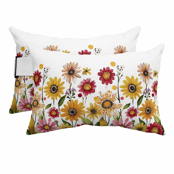 Outdoor Lumbar Pillow for Chaise Lounge Chair 2 Pack Summer Flower Decorative Headrest Pillow with Adjustable Strap Yellow Red Daisy Cushion for Patio Recliner Office Sofa 12x20in