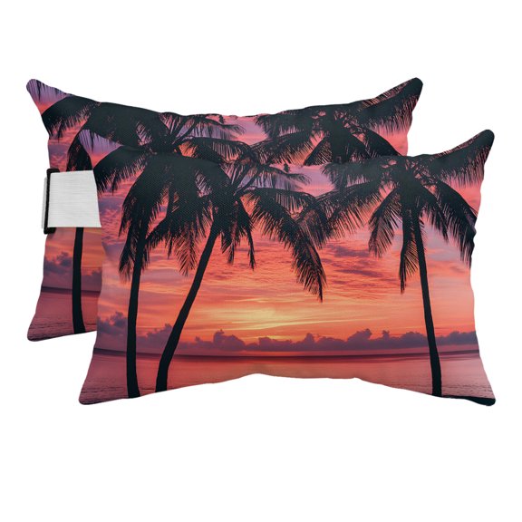 Outdoor Lumbar Pillow for Chaise Lounge Chair 2 Pack Summer Sea Sky Decorative Headrest Pillow with Adjustable Strap Palm Tree Cushion for Patio Recliner Office Sofa 12x20in