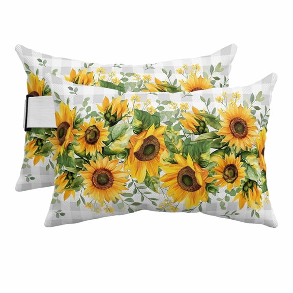 Outdoor Lumbar Pillow for Chaise Lounge Chair 2 Pack Summer Sunflower Decorative Headrest Pillow with Adjustable Strap Farmhouse Vintage Grey Plaid Cushion for Patio Recliner Office Sofa 12x20in