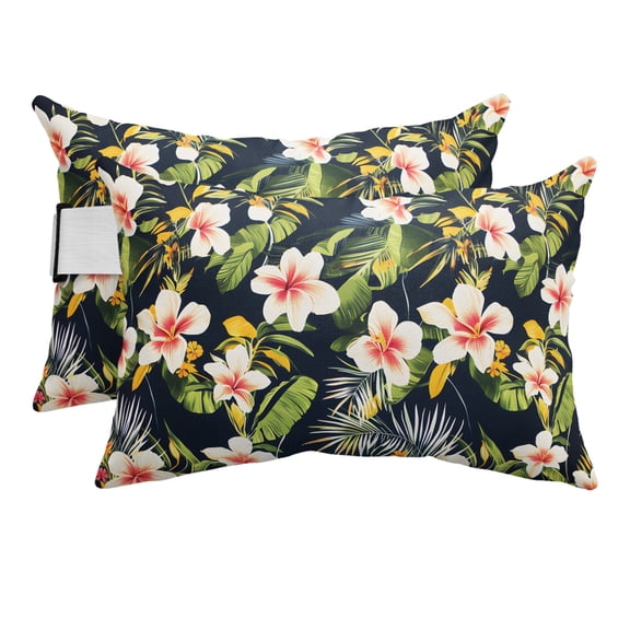 Outdoor Lumbar Pillow for Chaise Lounge Chair 2 Pack Tropical Flower Decorative Headrest Pillow with Adjustable Strap Floral Green Palm Leaves Cushion for Patio Recliner Office Sofa 12x20in