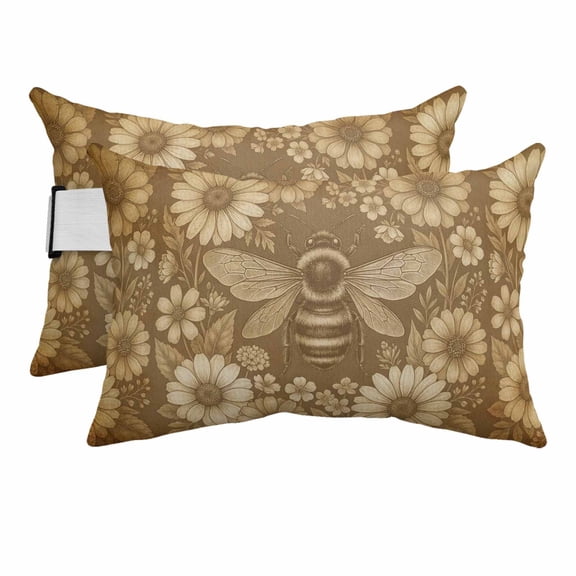 Outdoor Lumbar Pillow for Chaise Lounge Chair 2 Pack Vintage Bee Sunflowers Decorative Headrest Pillow with Adjustable Strap Farmhouse Floral Brown Cushion for Patio Recliner Office Sofa 12x20in