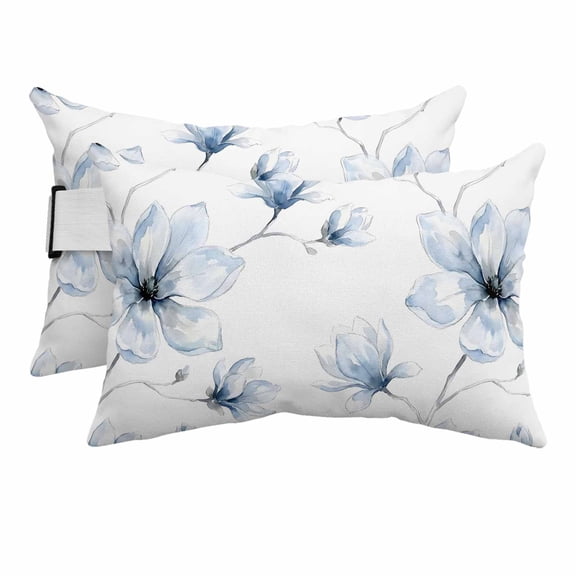 Outdoor Lumbar Pillow for Chaise Lounge Chair 2 Pack Watercolor Floral Magnolias Headrest Pillow with Adjustable Strap Minimalist Bloom Sky Blue Cushion for Patio Recliner Office Sofa 11x16in
