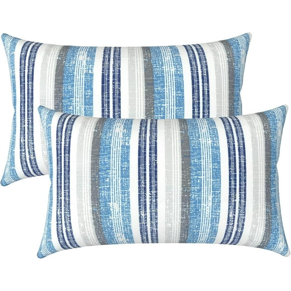 Outdoor Lumbar Pillow Covers Set of 2 Patio Decorative Pillow Cases, Water Repellent Lumbar Cushion Cases for Sofa, Patio Couch Garden Use, 12x20 Inch, Stripe Layered Blue