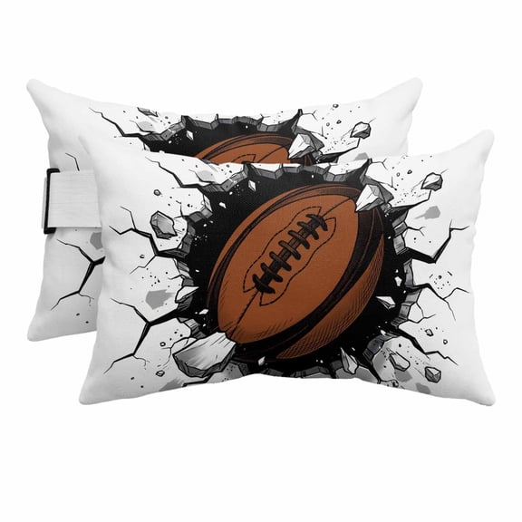 Outdoor Lumbar Pillow for Lounge Chair with Strap & Insert 3D Brown Rugby Recliner Head Pillow Set of 2 Football Break through Wall Waterproof Headrest Patio Pillows for Beach Pool Office 11x16 Inch