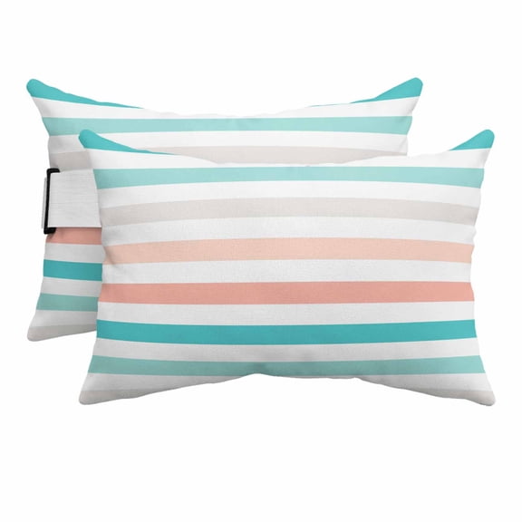 Outdoor Lumbar Pillow for Lounge Chair with Strap & Insert Aqua Coral Stripes Recliner Head Pillow Set of 2 White Classic Striped Waterproof Headrest Patio Pillows for Beach Pool Office 11x16 Inch
