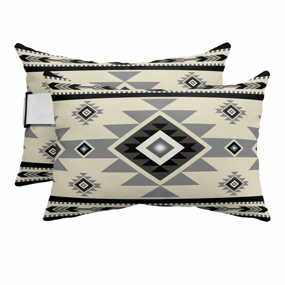 Outdoor Lumbar Pillow for Lounge Chair with Strap & Insert Beige Boho Recliner Head Pillow Set of 2 Bohemian Native Southwest Ethnic Waterproof Headrest Patio Pillows for Beach Office 11x16 Inch