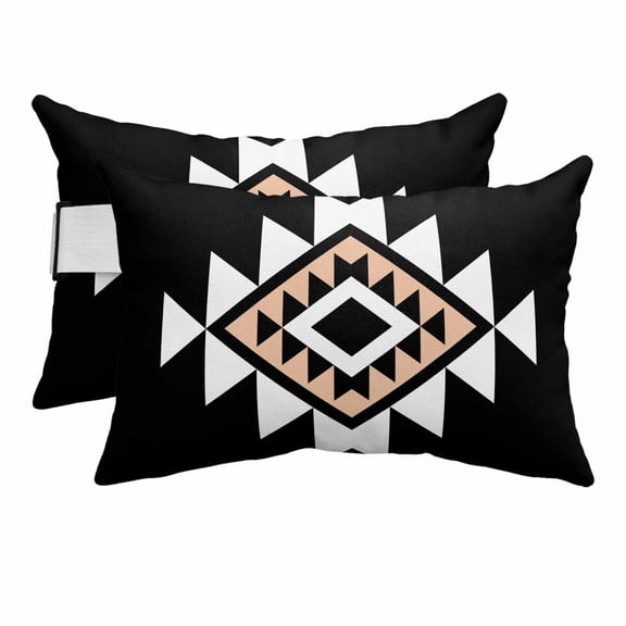 Outdoor Lumbar Pillow for Lounge Chair with Strap & Insert Black Aztec Recliner Head Pillow Set of 2 Boho Western Tribal Pattern Waterproof Headrest Patio Pillows for Beach Pool Office 11x16 Inch