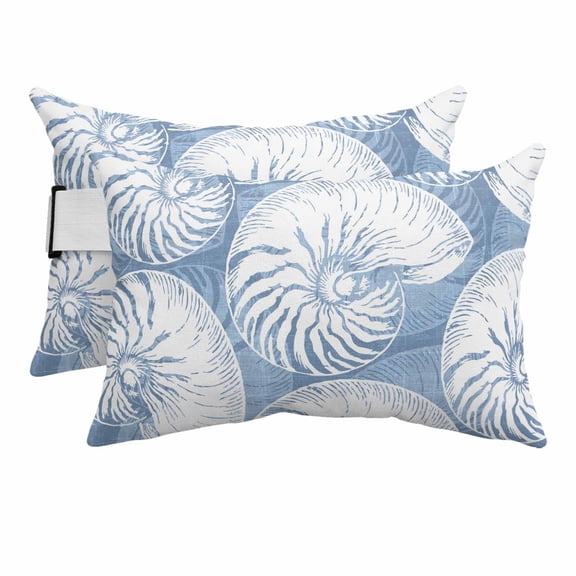 Outdoor Lumbar Pillow for Lounge Chair with Strap & Insert Blue Nautilus Shell Recliner Head Pillow Set of 2 Ocean Conch Marine Life Waterproof Headrest Patio Pillows for Beach Office 11x16 Inch