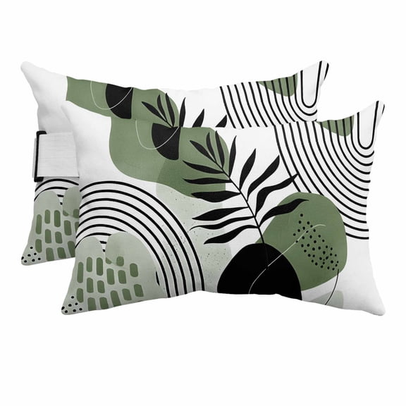 Outdoor Lumbar Pillow for Lounge Chair with Strap & Insert Boho Abstract Mid Century Recliner Head Pillow Set of 2 Green Modern Geometric Leaf Waterproof Patio Pillows for Beach Office 11x16 Inch