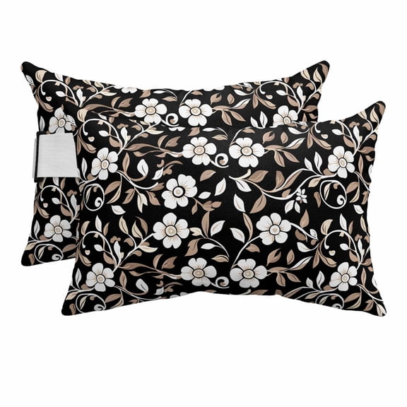 Outdoor Lumbar Pillow for Lounge Chair with Strap & Insert Brown Flowers Recliner Head Pillow Set of 2 Vintage Pastoral Floral Waterproof Headrest Patio Pillows for Beach Pool Office 11x16 Inch
