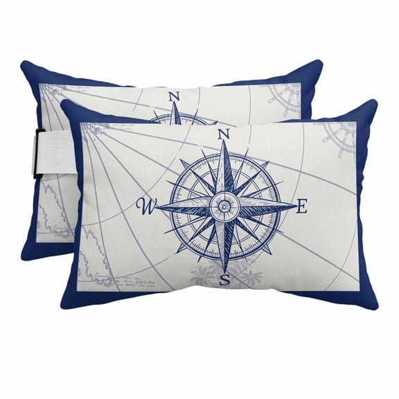 Outdoor Lumbar Pillow for Lounge Chair with Strap & Insert Compass Recliner Head Pillow Set of 2 Blue Ocean Navigation Map Waterproof Headrest Patio Pillows for Beach Pool Office 11x16 Inch