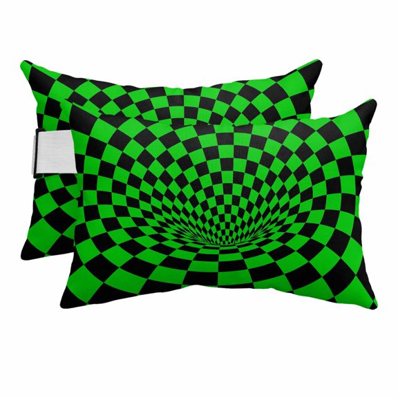 Outdoor Lumbar Pillow for Lounge Chair with Strap & Insert Green Black Checker Recliner Head Pillow Set of 2 3D Abstract Mosaic Tiles Waterproof Headrest Patio Pillows for Beach Office 11x16 Inch