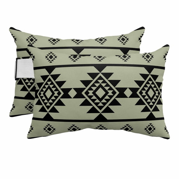 Outdoor Lumbar Pillow for Lounge Chair with Strap & Insert Sage Green Aztec Recliner Head Pillow Set of 2 Western Tribal Pattern Waterproof Headrest Patio Pillows for Beach Pool Office 11x16 Inch