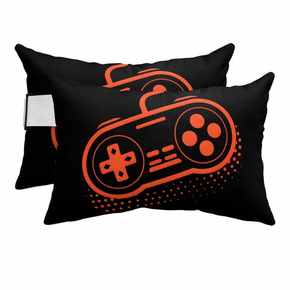 Outdoor Lumbar Pillow for Lounge Chair with Strap & Insert Video Games Controller Recliner Head Pillow Set of 2 Black Orange Gaming Console Waterproof Patio Pillows for Beach Office 11x16 Inch