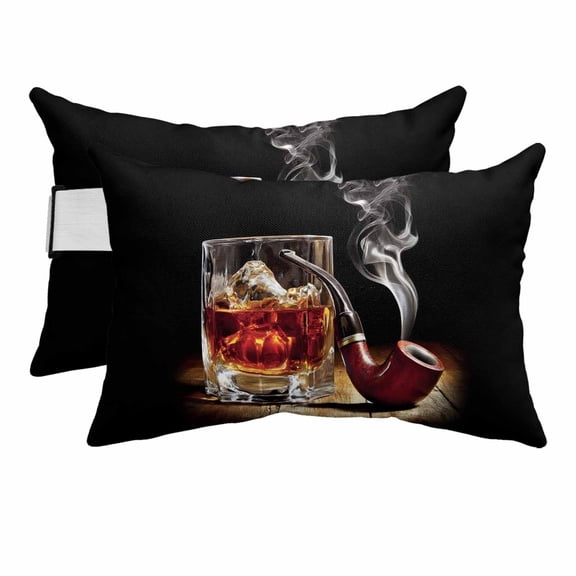 Outdoor Lumbar Pillow for Lounge Chair with Strap & Insert Whisky Glass Recliner Head Pillow Set of 2 Wine Old Fashioned Cigarettes Waterproof Headrest Patio Pillows for Beach Pool Office 11x16 Inch