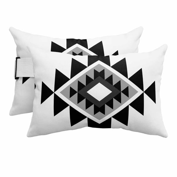 Outdoor Lumbar Pillow for Lounge Chair with Strap & Insert White Aztec Recliner Head Pillow Set of 2 Boho Western Tribal Pattern Waterproof Headrest Patio Pillows for Beach Pool Office 11x16 Inch
