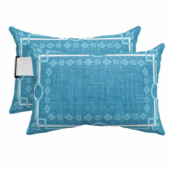 Outdoor Lumbar Pillows with Strap & Insert Azure Linen Border Recliner Head Pillow Pack of 2 Floral Lines Frame Waterproof Headrest Patio Lounge Chair Pillows for Beach Office 11x16 Inch