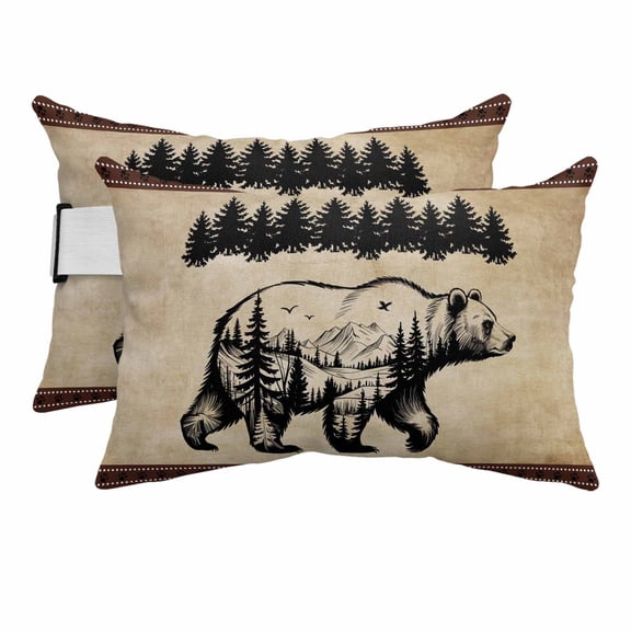 Outdoor Lumbar Pillows with Strap & Insert Black Bear Pine Tree Silhouettes Recliner Head Pillow Pack of 2 Vintage Rustic Forest Waterproof Patio Lounge Chair Pillows for Beach Office 11x16 Inch