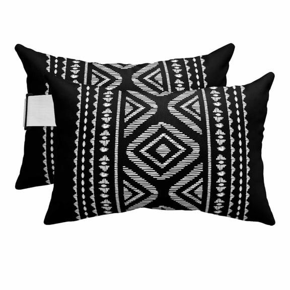 Outdoor Lumbar Pillows with Strap & Insert Black Boho Recliner Head Pillow Pack of 2 Geometric Tribe Bohemian Style Waterproof Headrest Patio Lounge Chair Pillows for Beach Office 11x16 Inch