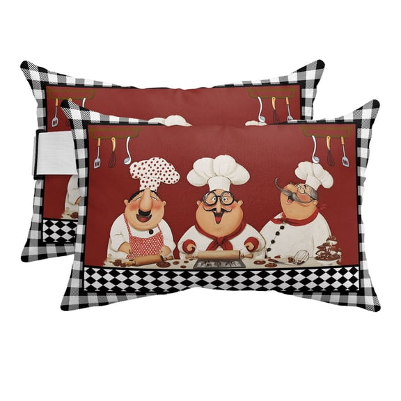 Outdoor Lumbar Pillows with Strap & Insert Black Cooking Chefs Recliner Head Pillow Pack of 2 Funny Cooker Checked Plaid Waterproof Headrest Patio Lounge Chair Pillows for Beach Office 11x16 Inch