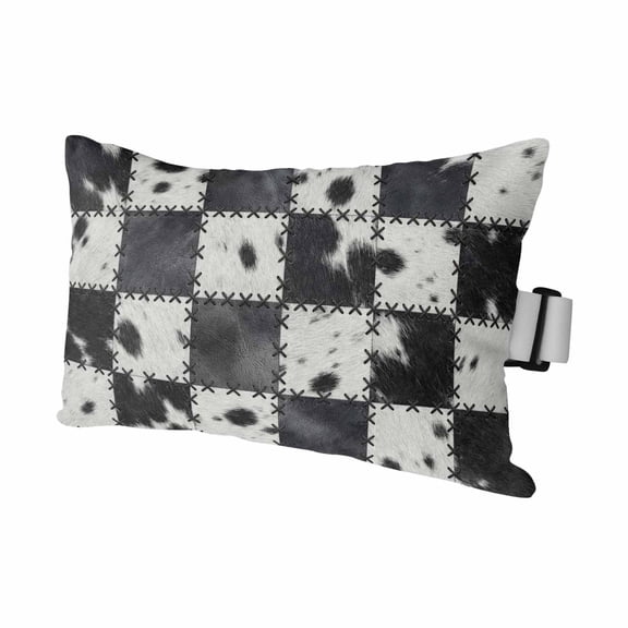 Outdoor Lumbar Pillows with Strap & Insert Black Cow Animal Fur Recliner Head Pillow Cowhide Patchwork Checked Waterproof Headrest Patio Lounge Chair Pillows for Beach Office 11x16 Inch
