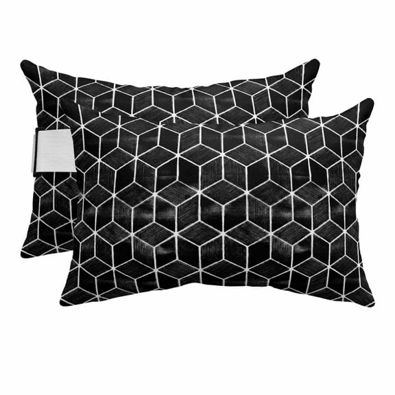 Outdoor Lumbar Pillows with Strap & Insert Black Honeycomb Tiling Recliner Head Pillow Pack of 2 Wooden Grain Blocks Waterproof Headrest Patio Lounge Chair Pillows for Beach Office 11x16 Inch