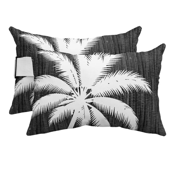 Outdoor Lumbar Pillows with Strap & Insert Black Linen Tropical Coconut Tree Recliner Pillow Pack of 2 Summer Palm Tree Waterproof Headrest Patio Lounge Chair Pillows for Beach Office 11x16 Inch